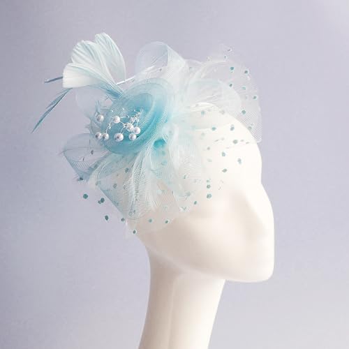 WLBON Fascinators Hat 20s 50s Headband Hair Clips Flower Mesh Veil Feather Headpiece Headwear Women Halloween Carnival Cocktail Wedding Church Cosplay Dress Up Birthday Tea Party Accessories Blue - color: Light Blue