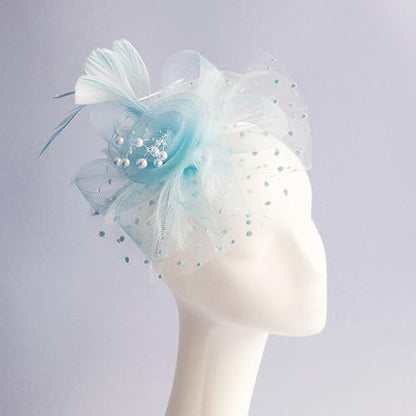 WLBON Fascinators Hat 20s 50s Headband Hair Clips Flower Mesh Veil Feather Headpiece Headwear Women Halloween Carnival Cocktail Wedding Church Cosplay Dress Up Birthday Tea Party Accessories Blue - color: Light Blue