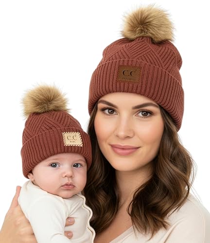 Funky Junque Mommy & Me Pom Pom Beanies Set – Infant Baby & Mom Matching Winter Outfits, Warm Newborn & Women's Beanie Hats - color: Diagonal Basketweave - Brick
