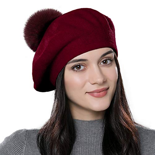 Womens Winter Beret Hat Knitted Beanie Cap Autumn Winter Hat French Classic Beret - color: Dark Red With Red Fox Fur Pompom
