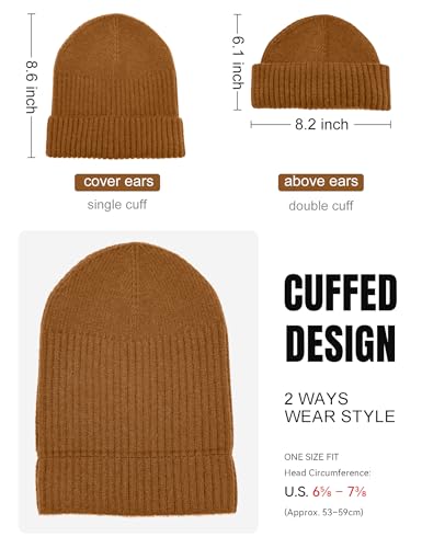 vidsel 50% Wool Double Cuff Beanie Hat for Men Women, Warm Winter Knit Cap - color: Golden Brown