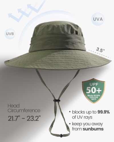 2-in-1 Womens Bucket Sun Hats, Sun Visor Hat, UPF 50+ Wide Brim, Ponytail-Friendly, Packable, Hiking Outdoor - color: Olive Green