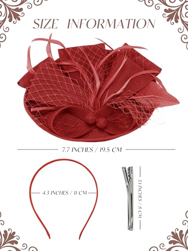 Women Fascinators Hats Tea Party Headband Hair Clip Feathers Hat for Wedding Cocktail Party - color: Red