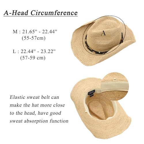 Raffia Straw Cowboy Hat,Women's Crocheted Summer Straw Hats, Classic Beach Sun Hats - color: New Natural, size: Large