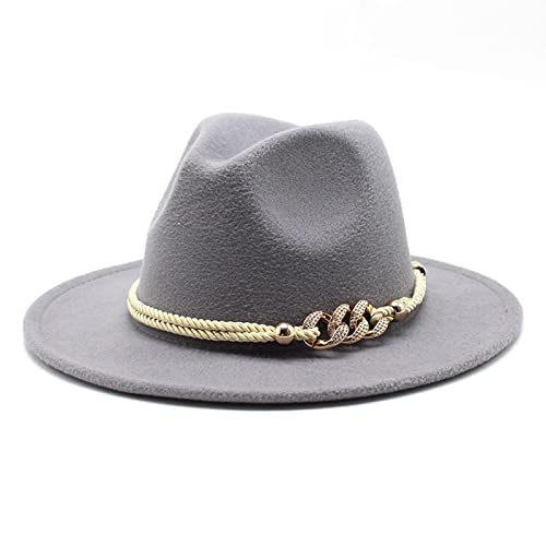 Lady Wide Brim Felt Fedora Panama Hat with Ring Belt - color: Pale Gray, size: Medium