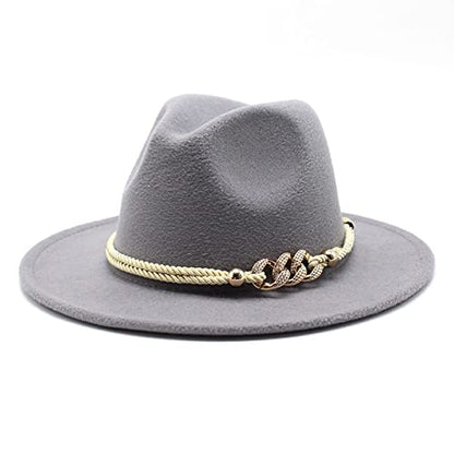 Lady Wide Brim Felt Fedora Panama Hat with Ring Belt - color: Pale Gray, size: Medium