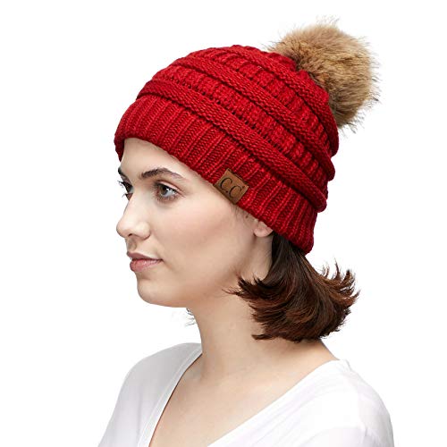 C.C Fur Pom Winter Fall Trendy Chunky Stretchy Cable Knit Beanie Hat - color: Solid Red