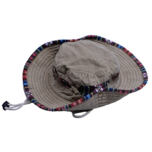 Bucket Hat for Men and Women, Wide Brim Floral Adjustable UV Protection Fishing Washed Sun Hats, Cowboy Hat - color: Khaki