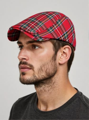 Men's Plaid Striped Newsboy Ivy Flat Driving Golf Cap - color: Red Striped