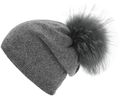Women's Double Layer Winter Slouchy Knit Beanie Hat with Real Fur Pom Pom - color: Darkgrey Pom