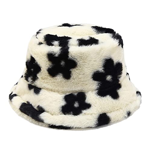 Dirholl Women's Winter Faux Fur Fuzzy Warm Bucket Hat - color: Black Flower