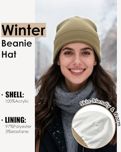 Century Star Men's Fleece-Lined Beanie Winter Knit Hat - Stretchable, Warm, Windproof, Unisex Cuffed Ski Cap for Sports - color: Khaki