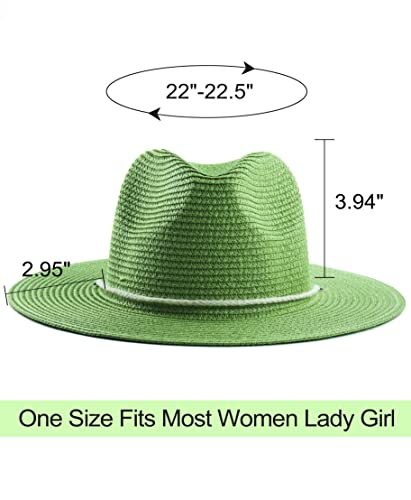 Women Straw Fedora Hat Summer Panama Beach Sun Hats UV UPF50+ Cap - color: Green