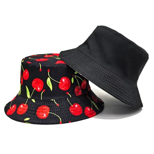 Printed Bucket Hat - Reversible Packable Summer Travel Beach Sun Cap for Men Women Teens - color: Black Red Cherry
