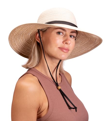 Sloggers Women's Wide Brim Braided Sun Hat with Wind Lanyard - UPF 50+ Maximum Sun Protection - color: Stone