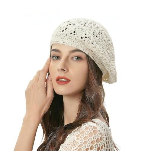 ZLYC Women Cotton Slouchy Crochet Beret Handmade Cutout Floral Beanie Hat - color: Crocheted White