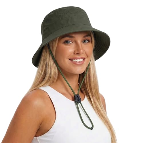 Summer Bucket Hats for Woman Lightweight Foldable Adjustable Fishing Hiking Outdoor Sun Hat UV Protection Quick Dry - color: Army Green