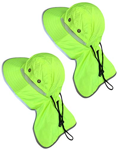 Men High Visibility Sun Hat with Neck Flap Wide Brim Boonie Hat Bucket Cap Packable Adjustable - color: 2pcs Neon Lime