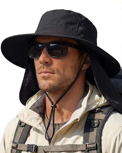 Sun Hats for Men Wide Brim Bucket Hat with Neck Flap for Fishing & Hiking Mens Sun Hat for UV Protection - color: Black