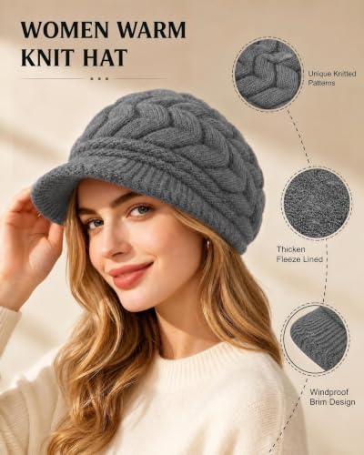 YSense 2 Pack Womens Winter Hats Warm Knit Beanie with Visor - color: Black Dark Grey