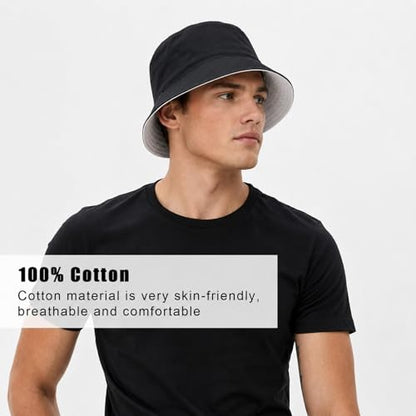 Oversize XXL Bucket Hat, Reversible Cotton Fisherman Hats, Unisex Double Side Wear Bucket Sun Hats with Chin Strap - color: Black-white, size: Large
