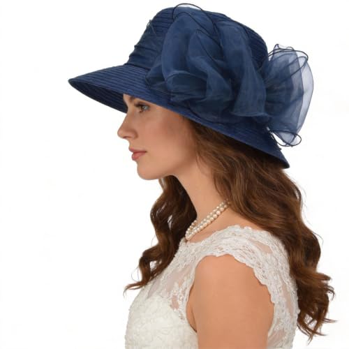Ruphedy Women Derby Church Dress Bucket Hat Fascinators Tea Party Wedding Hat - color: S051-navy