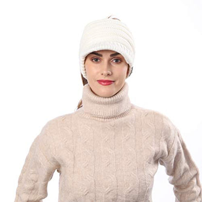 Women's BeanieTail Warm Knit Hat Messy High Bun Ponytail Visor Beanie Cap - color: B324-white, size: Medium