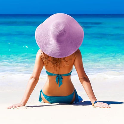 AQOKKA Sun Hats for Women Big Straw Wide Brim Summer Beach Hat Floppy Foldable Roll up Cap for Outdoor UPF 50+ - color: Wide Brim : Purple