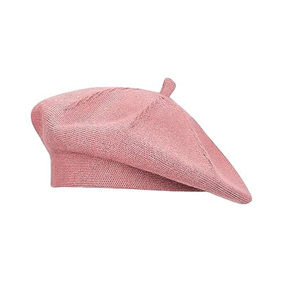 Gllutt Beret Hat French Style Stretchy Knitting Solid Color Both Side Usable - color: Dark Pink