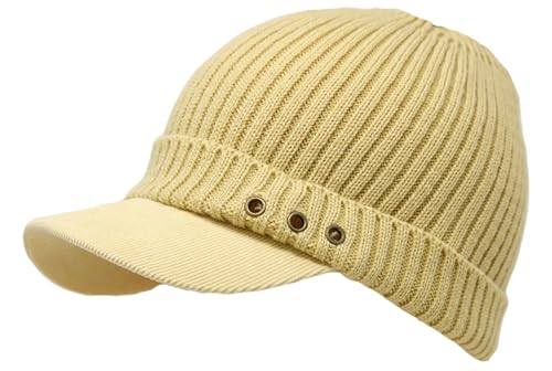Stretch Knit Brim Beanie Hat for Men & Women – Warm Winter Cap with Visor, Soft Ribbed Cotton Acrylic Blend - color: Beige