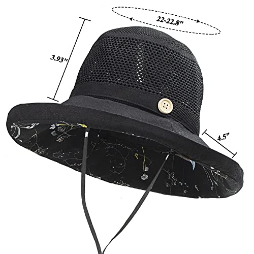 Summer Mesh Sun Hats for Women UV Protection Wide Brim Packable Bucket Hat - color: Black