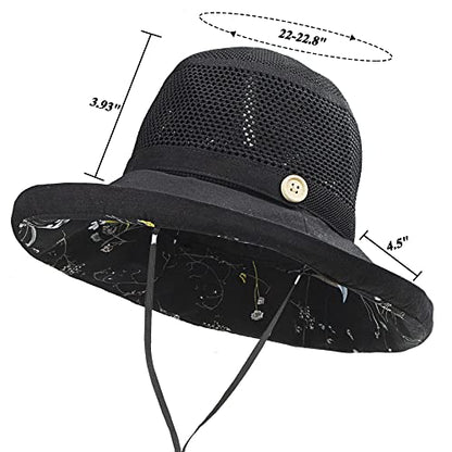 Summer Mesh Sun Hats for Women UV Protection Wide Brim Packable Bucket Hat - color: Black