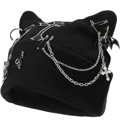 Distressed Ring Beanie Hat for Women Men Slouchy Skull Cap - color: Y2k/Black