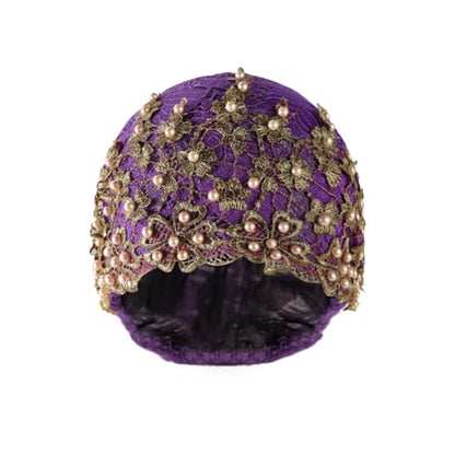 haozaikeji Women Flower Turban Hat Rhinestones Muslim Islamic Head Wrap African Pearl Turban Soft Stretchy Head Cover - color: Purple