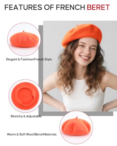 French Beret Hats for Women - Wool Solid Color Beanie Cap - color: Orange