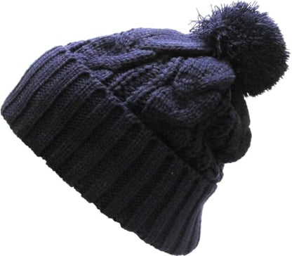 KBETHOS Women's Winter Warm Thick Oversize Knitted Beanie Hat with Pom Pom - color: Navy Cable Knit Pom Beanie