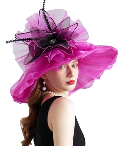 Women Organza Derby Hat Fascinator Tea Party Wedding Church Derby Hat Fascinator Hats Dual-use - color: 02a Rose Red