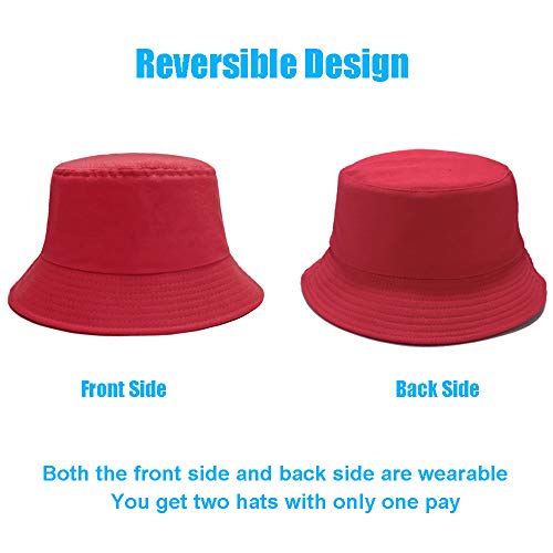 Bucket Hat for Women Men, Reversible Cotton Summer Sun Beach Cap Solid Color Style - color: A-red