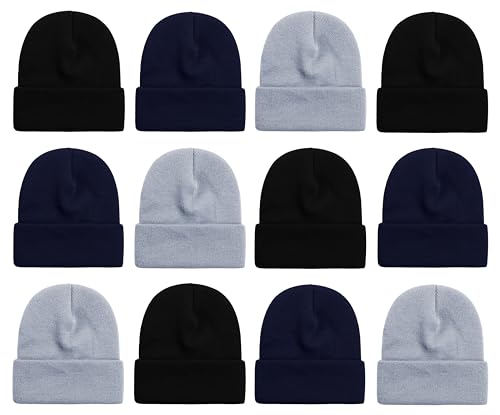 12 Pack Winter Beanie Hats for Men Women, Warm Cozy Knitted Cuffed Skull Cap, Wholesale - color: Black / Navy Blue / Gray