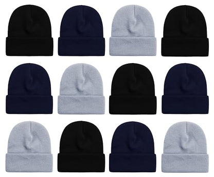 12 Pack Winter Beanie Hats for Men Women, Warm Cozy Knitted Cuffed Skull Cap, Wholesale - color: 12 Pack Black / Navy Blue / Gray
