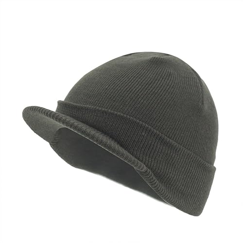 The Vintage Year Visor Beanie Billed Knit Radar Cuff Skull Cap Sports Outdoor Winter Stretch Acrylic One Size Men Women - color: Olive Green