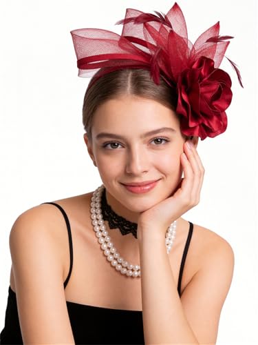 Fascinators Hat for Girls and Women Tea Party Flower Mesh Feather Kentucky Headwear with Headband and Clip - color: Burgundy