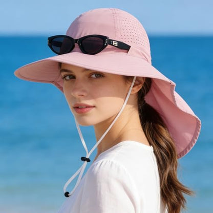 Sun Hats for Men Women with Neck Flap UPF 50+ UV Protection Wide Brim Bucket Hat Safari Hiking Fishing Hats - color: Pink