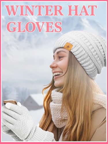 JaGely 8 Pieces Women Winter Hats and Gloves Set Women Warm Touchscreen Knitted Lined Gloves Winter Beanies - color: Grey, Turmeric, White, Maroon