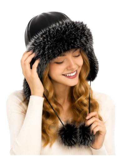 DLNYC Women’s Faux Leather Winter Hat with Faux Fur Trim, Soft Lined Cap with Hanging Cords & Pom-Poms, Warm Stylish Hat - color: Black