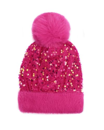 Women Sparkly Sequins Knitted Beanie Hat Warm Winter Skull Cap with Faux Fur Pom Pom - color: X Hot Pink With Knit Cuffs