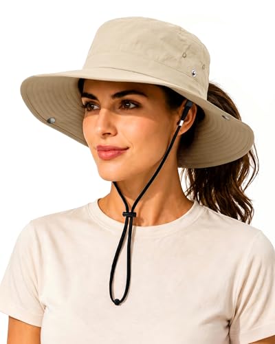 Wide Brim Waterproof Bucket Rain Hat for Women Men UPF50+ Cowboy Sun Hat - color: Ponytail Khaki
