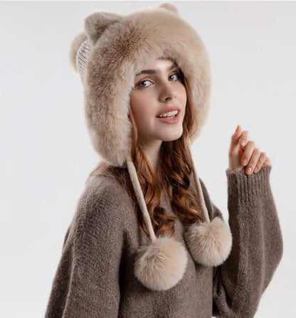 Outdoor Warm Earflap Beanie Hat with Brim Baseball Slouchy Knitted Visor Skull Caps for Women Men Black - color: Beige
