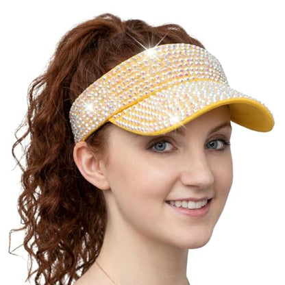 Women Shiny Rhinestone Bling Sun Visor Adjustable Tennis Beach Ponytail Hat - color: Yellow Hat+white Rhinestone