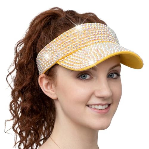 Women Shiny Rhinestone Bling Sun Visor Adjustable Tennis Beach Ponytail Hat - color: Yellow Hat+white Rhinestone